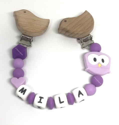 attache tétine violette hibou coeur prénom Mila