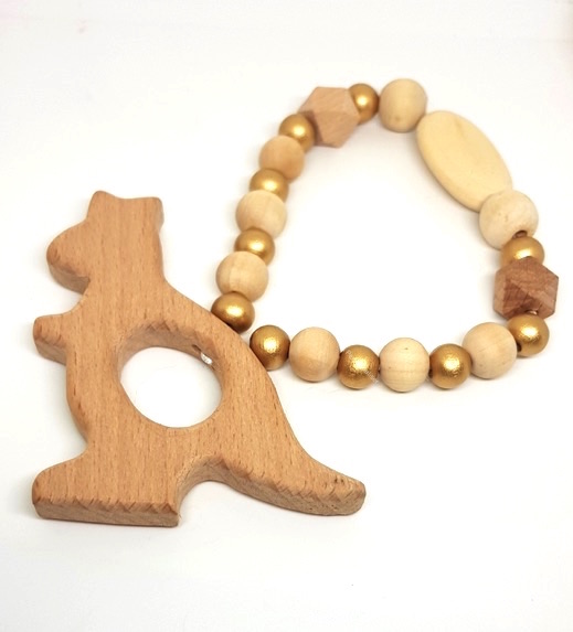 Hochet personnalisé kangourou en bois doré à graver