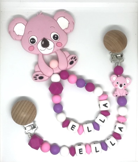 accroche-doudou-rose-violet-koala-hochet-de-dentition-rose-personnalise