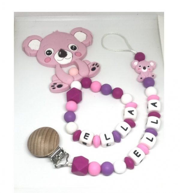 attache-tetine-rose-violet-koala-hochet-de-dentition-rose-personnalise